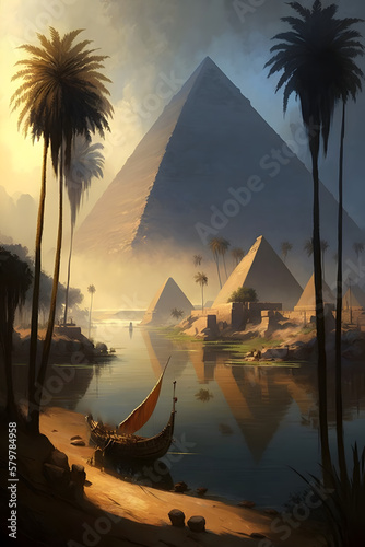 Scenic illustration of the great pyramids and Nile river Painting art