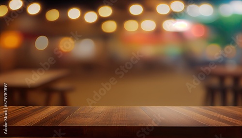 image of wooden table in front of abstract blurred background of resturant lights. Wood table top on blur of lighting in night cafe restaurant background selective focus. Generative Ai