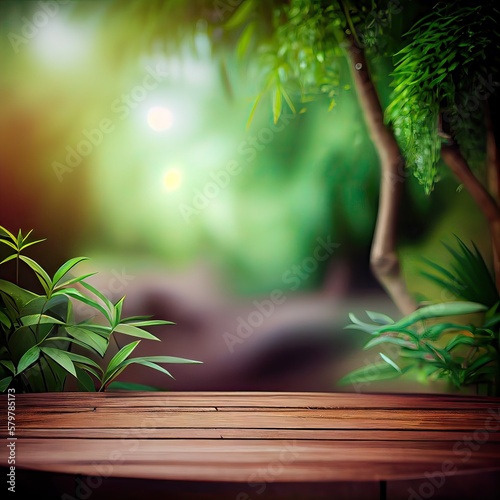 wooden table background for Empty show for packaging product presentation. Background for cosmetic products, the scene with green leaves. Generative Ai.