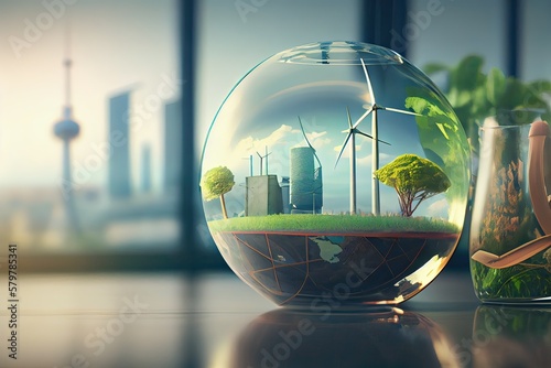 Earth crystal glass globe ball and growing tree laying on the table. Saving environment, save clean planet, ecology concept. Card for World Earth Day. Generative Ai.