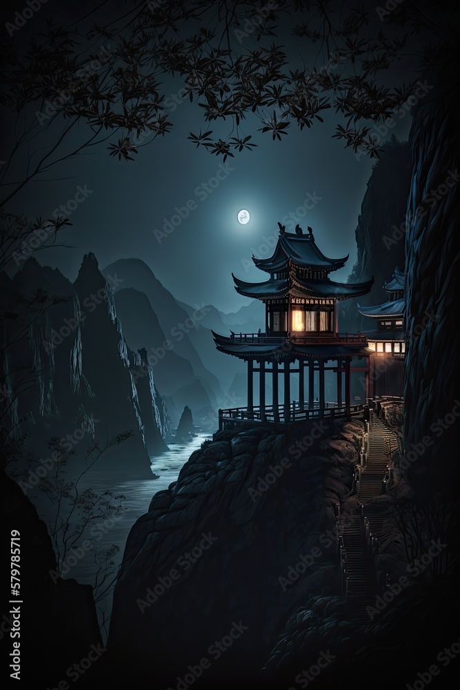 Fototapeta premium chinese temple in the night Generative Ai
