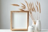 Art, print, and photo mockups in stylish frames. Blank wooden frames on white wall with chairs and ceramic vase with dry plants. Generative AI.