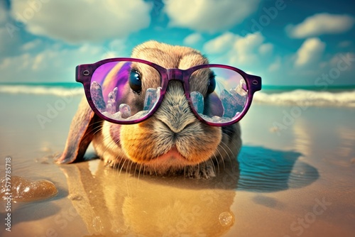 Cute easter bunny with glasses, easter eggs scattered on the beach, generative AI © INFINITO