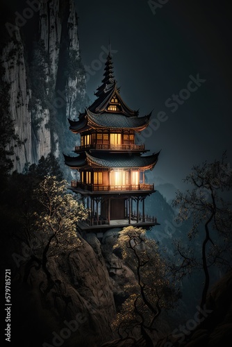 chinese temple in the night Generative Ai © Magaritas