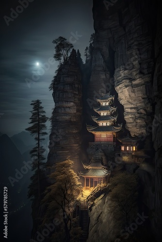 chinese temple in the night Generative Ai © Magaritas