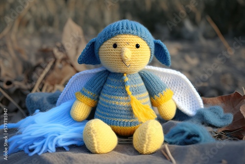 Cute Knitted Angel Toy with Soft Plush Blue and Yellow Clothes - Perfect Gift for Baby or Child's Childhood, Generative AI