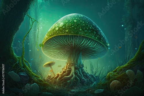 Marvel at the Mysterious Fungal Fairy Tale of the Big Mushroom in the Forest. Generative AI