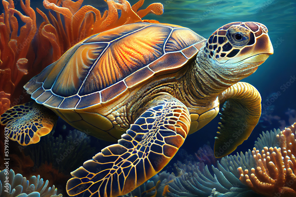 Fototapeta premium Sea Turtle Under Water Natural Sea Life With Corals (3)
