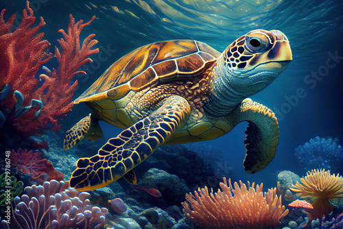 Sea Turtle Under Water Natural Sea Life With Corals  4 