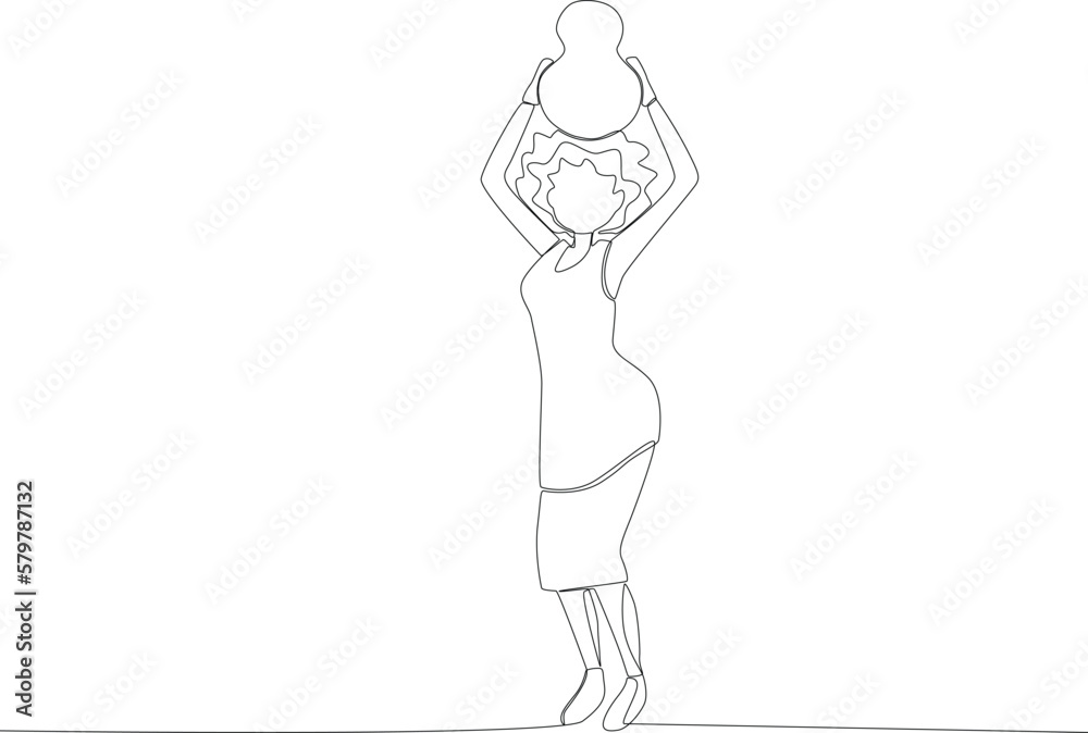 A curly hair woman carrying a jug. Africa day one line drawing