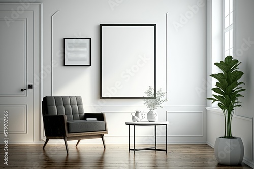 Mockup frame in modern living room with armchair and table. Created with generative Ai technology