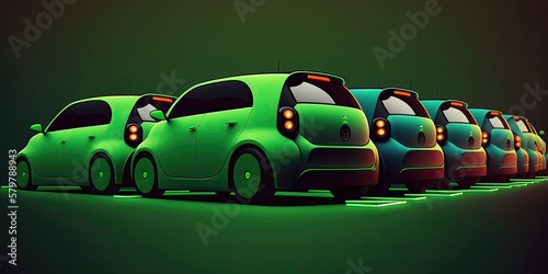 A line of green compact cars illuminated by neon underglow at night. photo