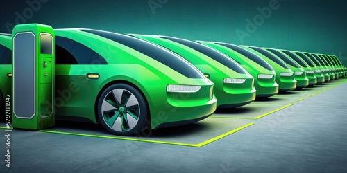 Electric sedans with a green glow and futuristic design, lined up in a parking zone.