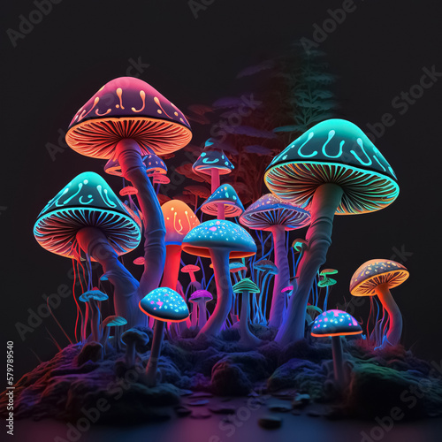 Fantasy illustration of neon color glowing magic mushrooms. Psychedelic background. Generative AI