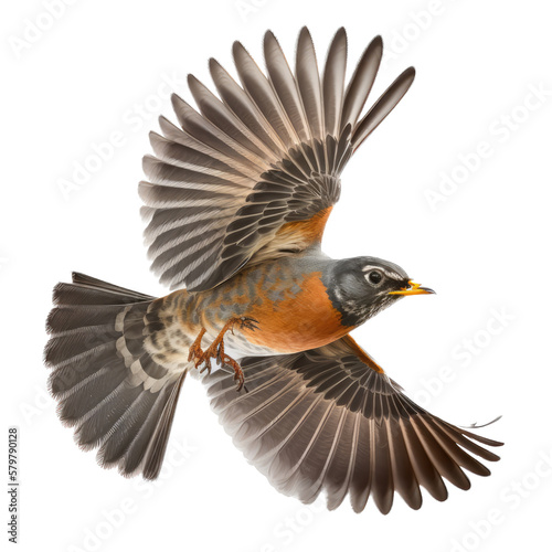 Canvastavla isolated American robin bird in flight, macro, png, transparent background, spri
