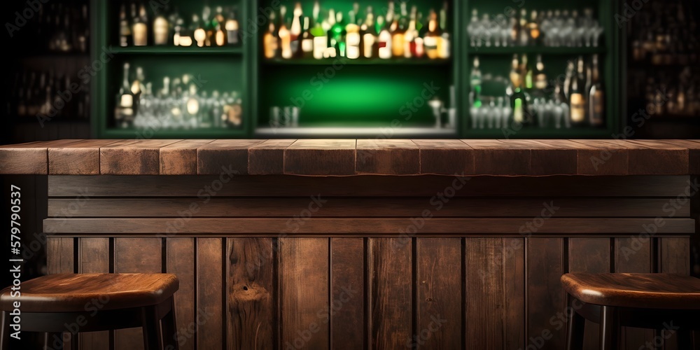 Mockup wooden table, background of a blurred pub or bar green counter, generative ai picture