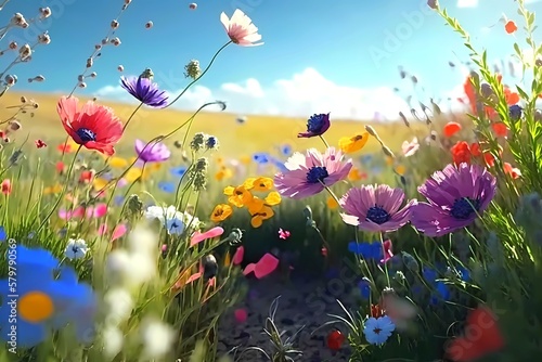 Colorful summer flowers in field, generative ai illustration © inspiretta