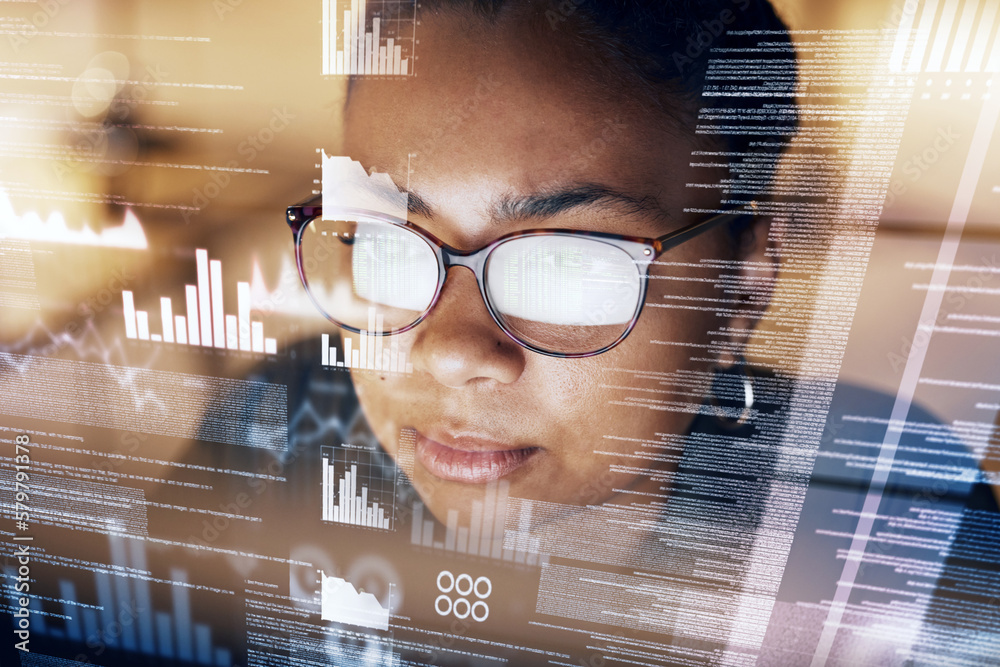 Ταπετσαρία Future screen, statistics and night woman reading data analysis of fintech insight hud, administration or bank accounting