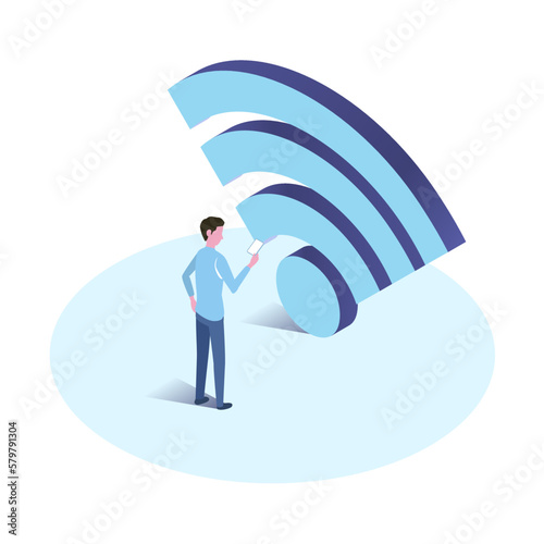 vector isometric illustration of person at  wifi spot