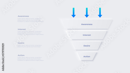 Neumorphism sales funnel infographic. Illustration of awareness, interest, desire and action