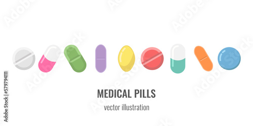 Set of of various kinds colorful capsules, pills, medical drugs. Flat style vector objects isolated on white background