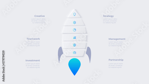 Concept of 6 steps to start work project. Infographic design template. Neumorphic rocket illustration