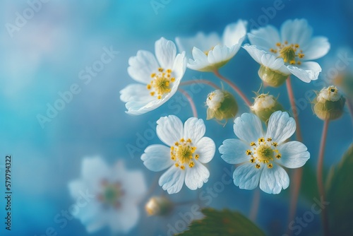 Spring forest white flowers primroses on a beautiful blue background macro. Generative AI