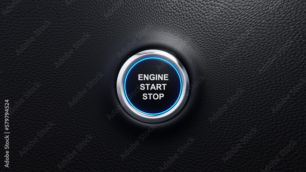 Engine Start Stop push button, Engine Start and stop modern car button with blue shine, Just push the button, 3D rendered illustration - obrazy, fototapety, plakaty 