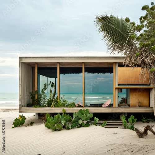 Outside view of a concrete modern beach house