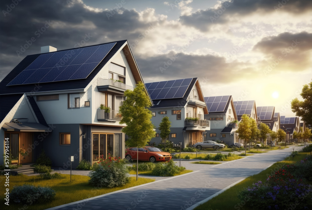 A street with modern houses with solar panels on them. Created with Generative AI.
