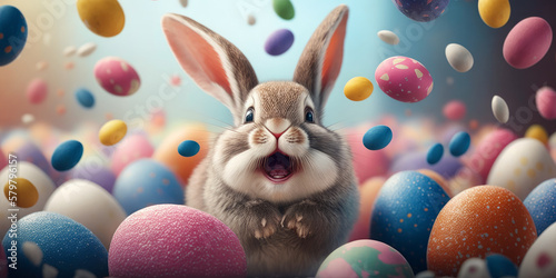 Happy adorable, fluffy, cute Easter Bunny jumping out of many colorful ornamental easter eggs in nature outdoor scenery. Generative AI