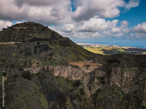Aerial view of mountain top viewpoint next to volcanic crater in Gran Canaria, Spain