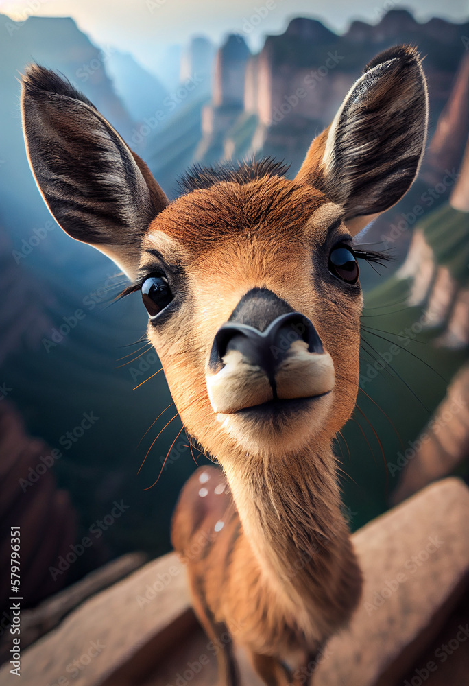 Highly defined macrophotography selfie of a cute young deer on top of zhangjiajie mountains, Generative AI