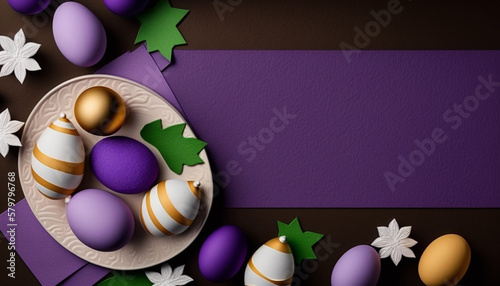 Easter banner with painted eggs and napkin on dark violet with space for text AI generated image