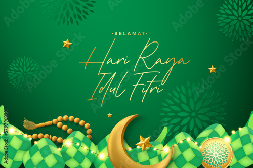 3d modern Islamic holiday background, suitable for Ramadan, Eid Fitri, Eid Adha and Maulid. Moon and ketupat with islamic decor on green background. photo