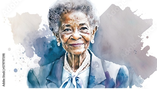 Portrait of elegant senior woman, watercolor illustration, Generative AI photo