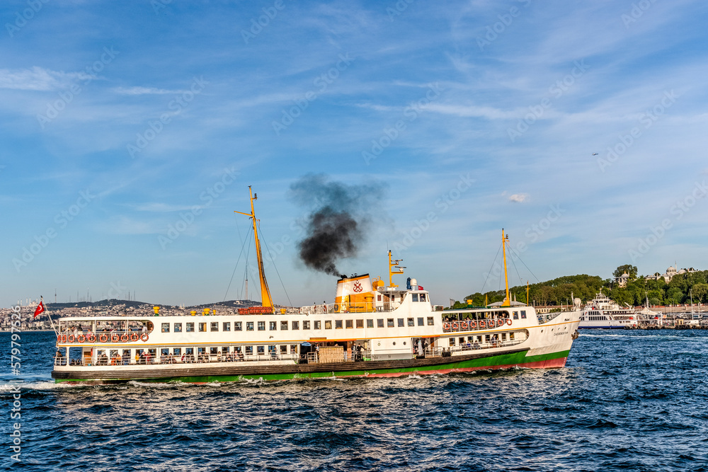 Istanbul Public Ferry on steam on the Bosphorus in Istanbul, Turkey, Middle East