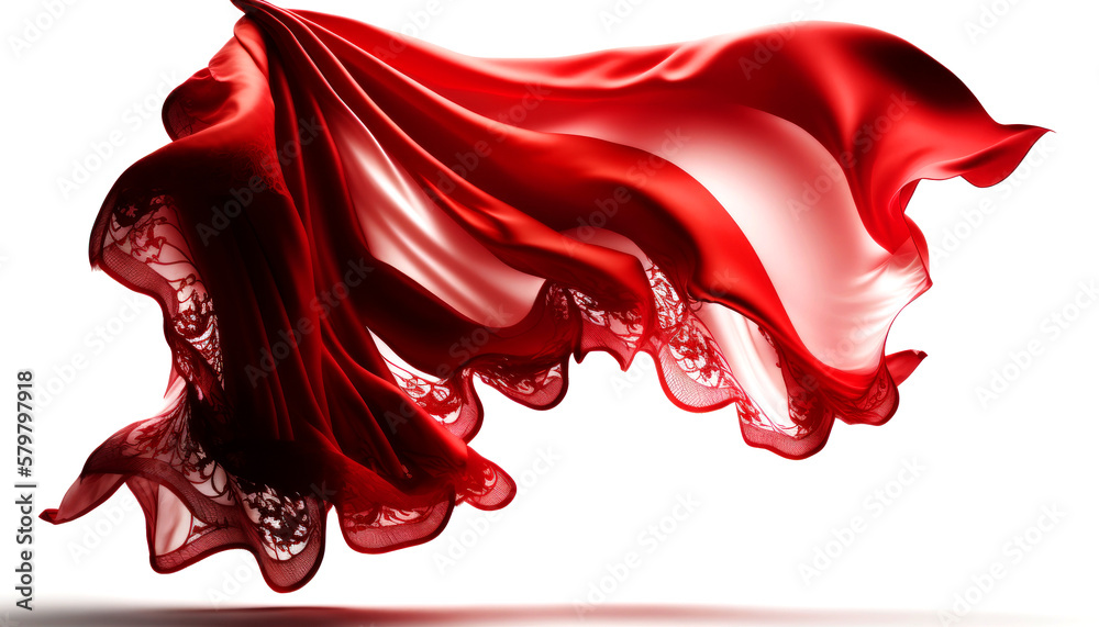 Ethereal Beauty. Red Silk Fabric and Lace Floating in the wind in a Bright Studio. Generative AI Ethereal Beauty. Red Silk Fabric and Lace Floating in the wind in a Bright Studio. Generative AI