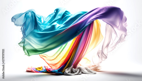 Ethereal Beauty. Rainbow Silk Fabric and Lace Floating in the wind in a Bright Studio. Generative AI 