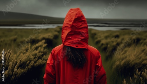 A woman in a red raincoat, back side view, AI generated
