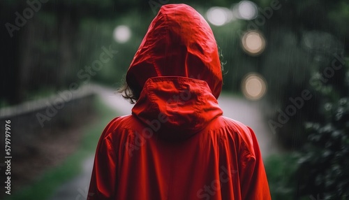 A woman in a red raincoat, back side view, AI generated