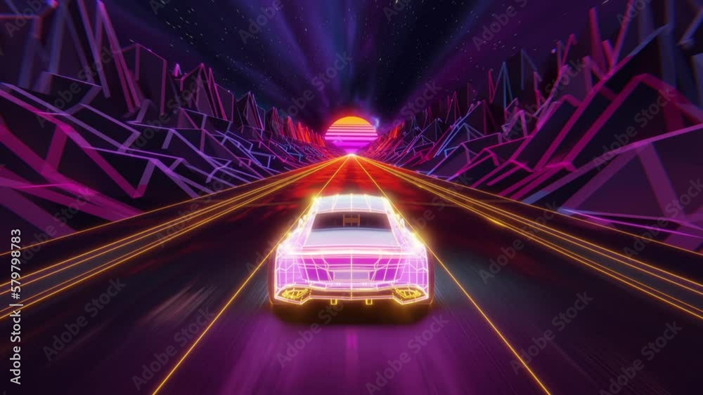 Fake gameplay of a synthwave seamless car driving animation in retro-futuristic location. 3D Rendering animated VJ loop of a racing highway for music video with neon background in vaporwave style