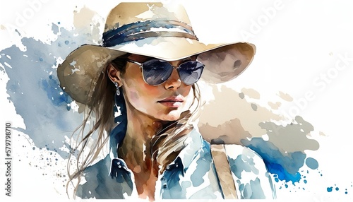 Leinwand Poster modern cowgirl with a straw hat and big sunglasses wearing a denim shirt, watercolor illustration, fashion