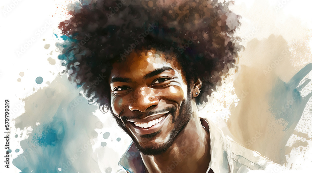 Portrait of happy handsome african american afro man, watercolor illustration. Generative AI