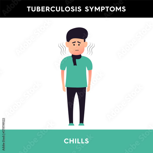 Vector illustration of a person who feels chills and shivering from the cold. A man with a scarf around his neck feels cold and shivering all over his body. Tuberculosis symptoms.