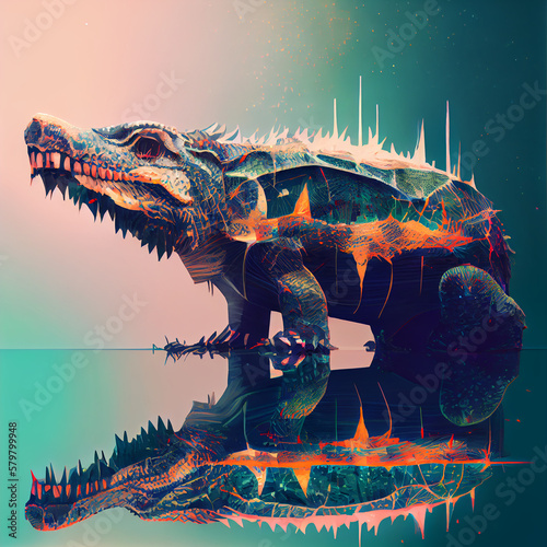 A Crocodile With Glitched Skin That Appears To Be Pulsating With Glitched Patterns  Creating A Surreal And Hypnotic Effect. Generative AI