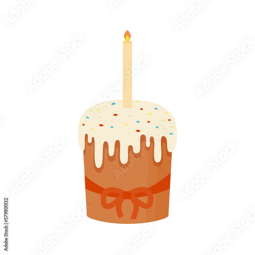 Easter cake with a candle on a white background. Easter card. Vector illustration.