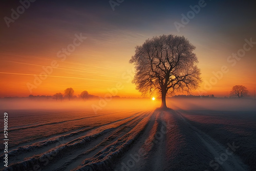 Sunset landscape with a tree. AI