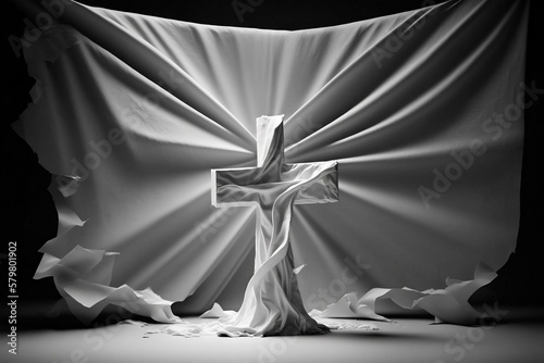 croix catholique entourée d'un drap blanc - noir et blanc - generative ai photo