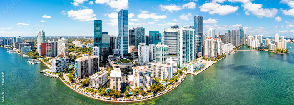 Fototapeta premium Aerial panorama of Miami, Florida. Miami is a majority-minority city and a major center and leader in finance, commerce, culture, arts, and international trade.